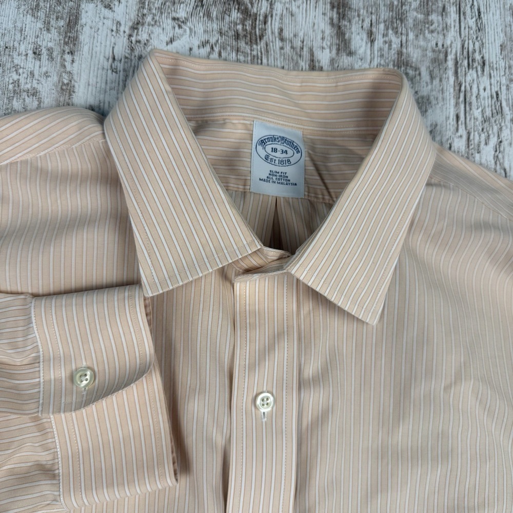 Brooks Brothers Long Sleeve Button Up Shirt Sz 18-34 Peach/White Striped Casual